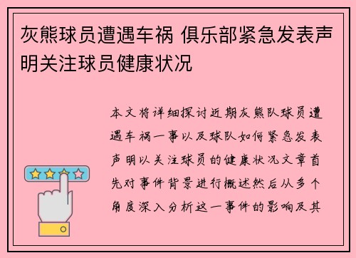 灰熊球员遭遇车祸 俱乐部紧急发表声明关注球员健康状况