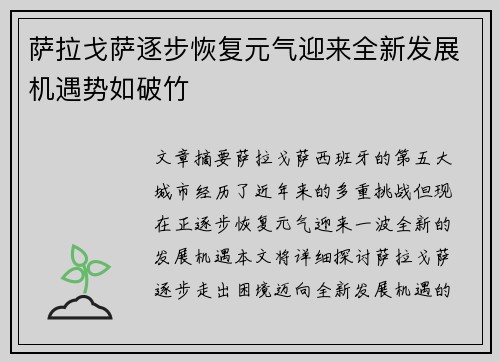 萨拉戈萨逐步恢复元气迎来全新发展机遇势如破竹