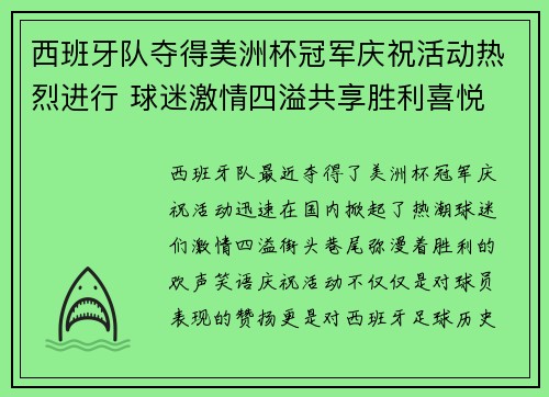 西班牙队夺得美洲杯冠军庆祝活动热烈进行 球迷激情四溢共享胜利喜悦