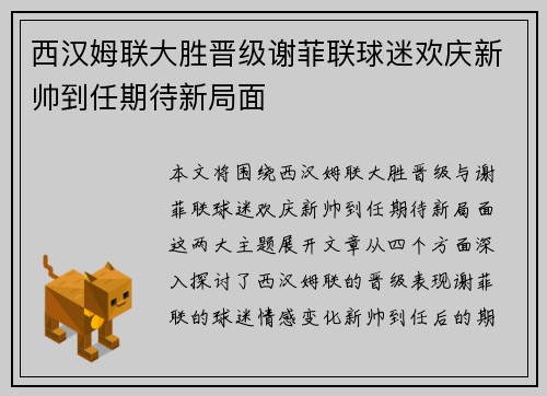 西汉姆联大胜晋级谢菲联球迷欢庆新帅到任期待新局面