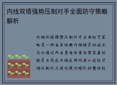 内线双塔强势压制对手全面防守策略解析