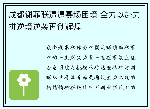 成都谢菲联遭遇赛场困境 全力以赴力拼逆境逆袭再创辉煌