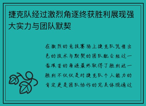 捷克队经过激烈角逐终获胜利展现强大实力与团队默契